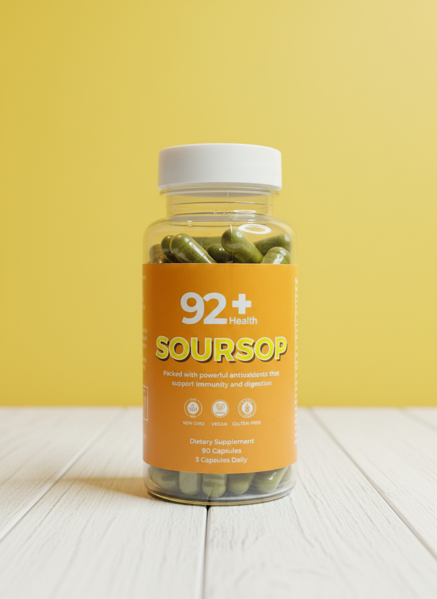 Bottle of 92+ Soursop capsules dietary supplement for immunity and digestion support with antioxidants, vegan and gluten-free, 90 capsules.