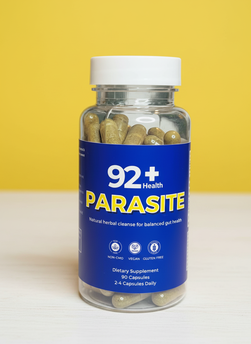 92+ Parasite Cleanse dietary supplement bottle with natural herbal capsules for gut health and detox.