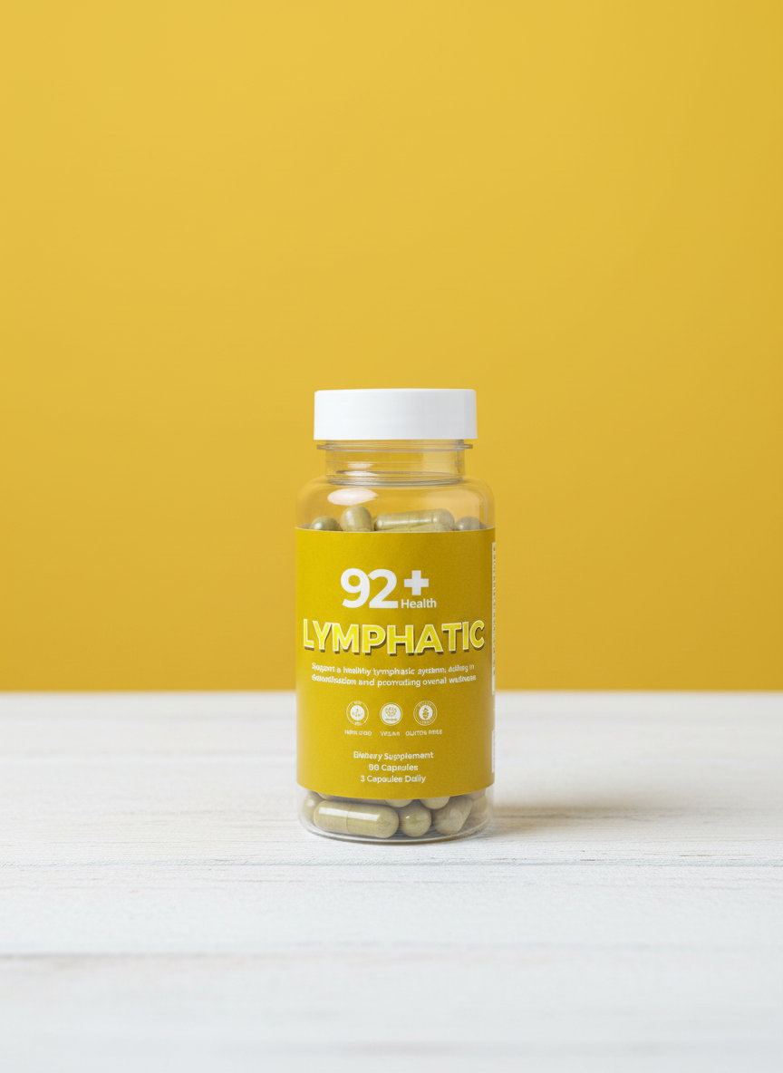 92+ Lymphatic Cleanse dietary supplement bottle with 90 vegan capsules for lymphatic system support and detoxification