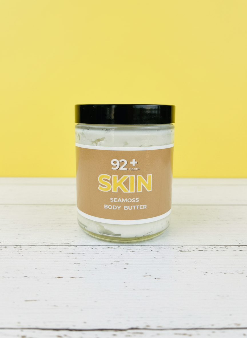 Jar of 92+ Skin Support Sea Moss Body Butter for moisturizing and age-defying skin care