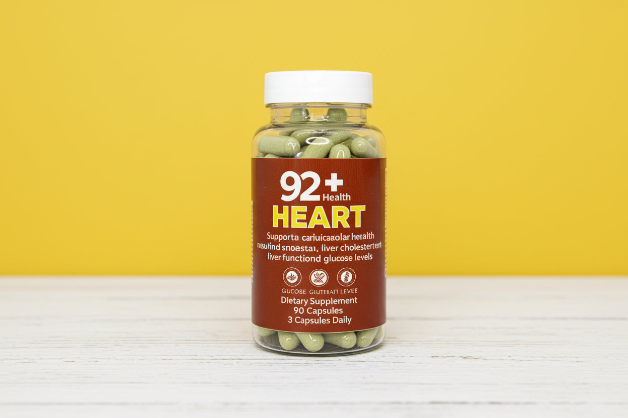 92+ Heart dietary supplement bottle with Herbia Del Sapo capsules for heart health and liver function support