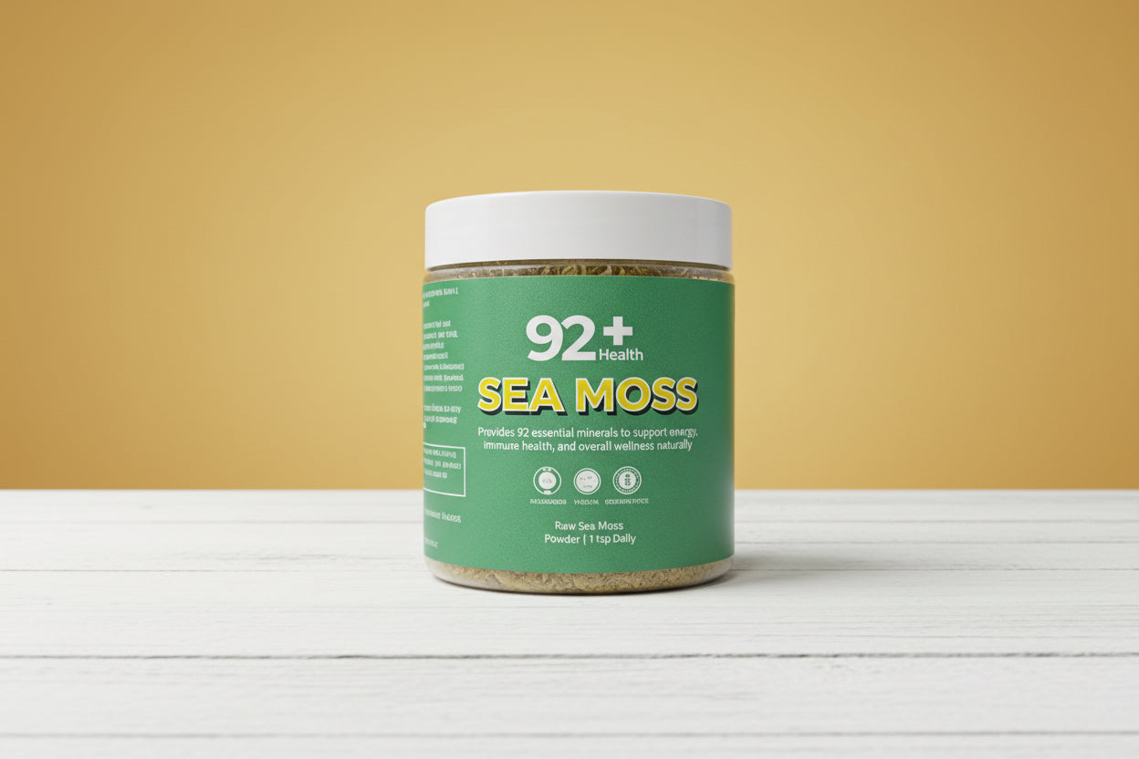 92+ Sea Moss Powder container for immune support and overall wellness with 92 essential minerals