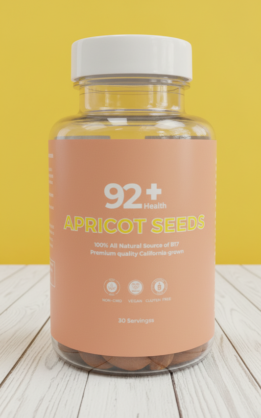 Bottle of 92+ Health Apricot Seeds supplement with natural B17, vegan and gluten-free, 30 servings