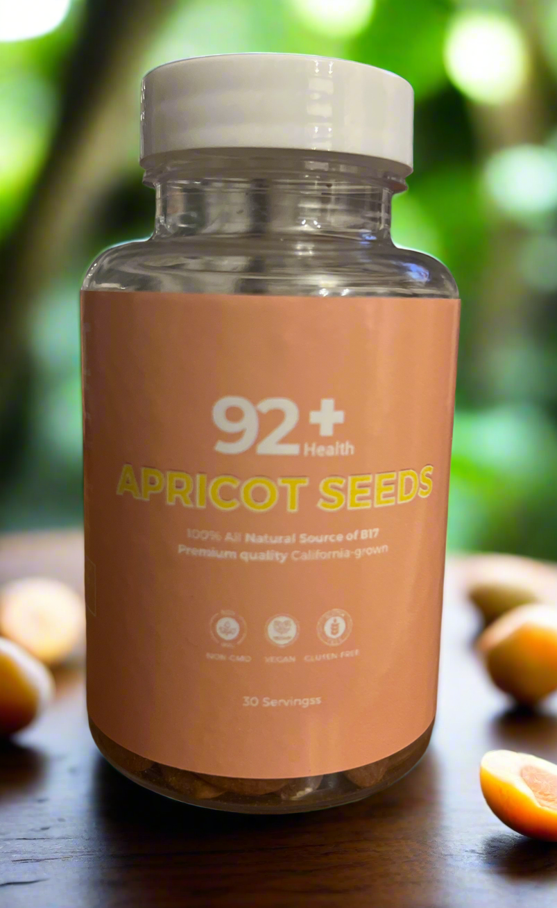 Bottle of 92+ Health Apricot Seeds supplement with natural B17, vegan and gluten-free, 30 servings