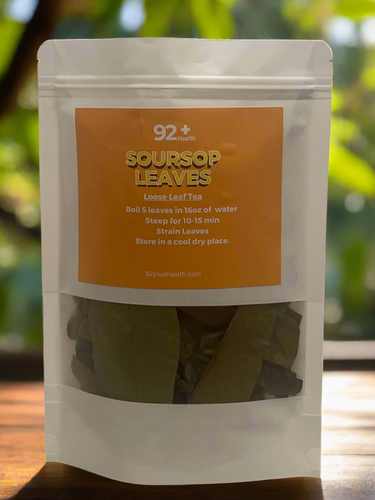 Soursop Leaves by 92+ Health, premium herbal tea packaging on a wooden table with natural background.