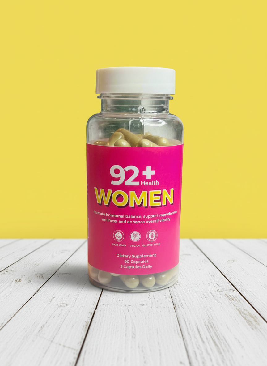 92+ Women's Health supplement bottle with 90 plant-based capsules for hormonal balance and reproductive wellness.