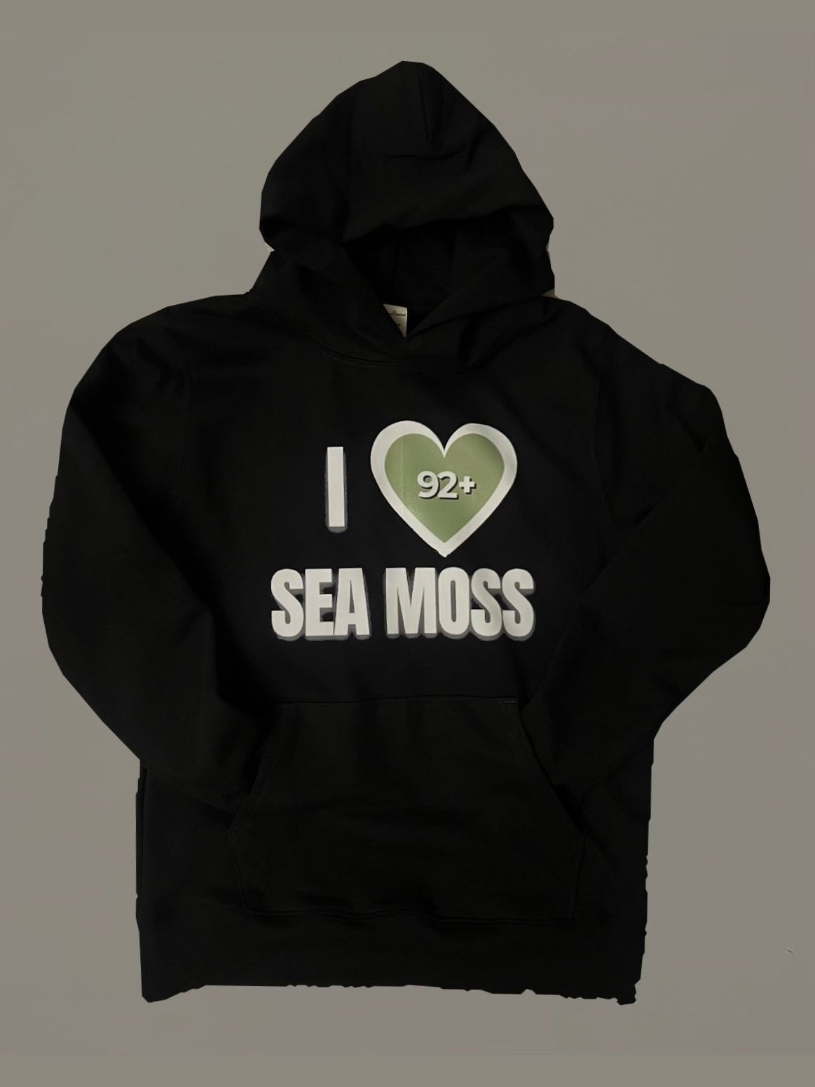 Black heavyweight fleece pullover Sea Moss Hoodie with I love Sea Moss design and kangaroo pocket